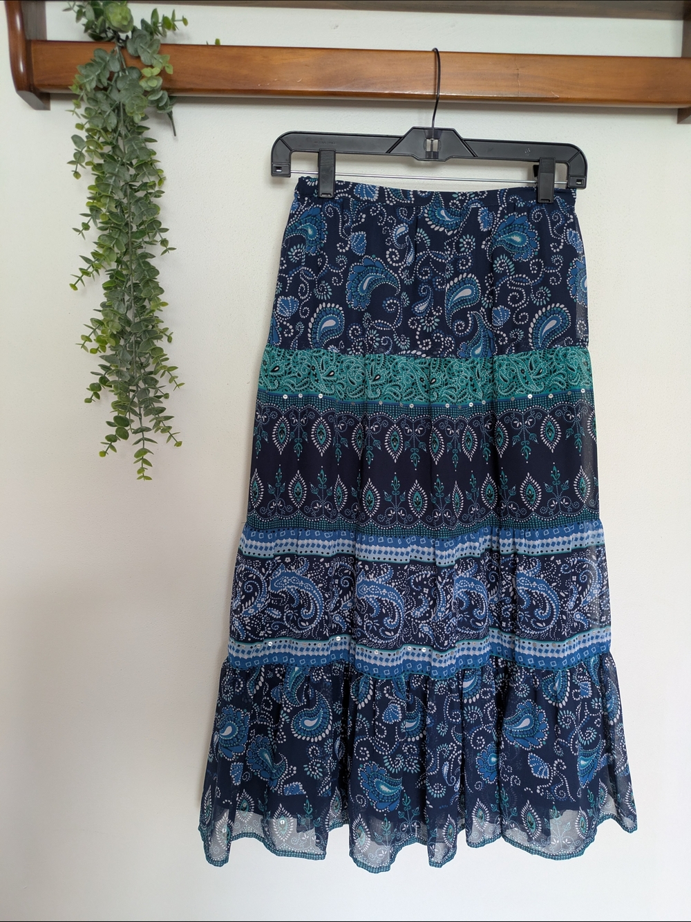 JM Collection Boho Navy & Teal Paisley Tiered Maxi Skirt